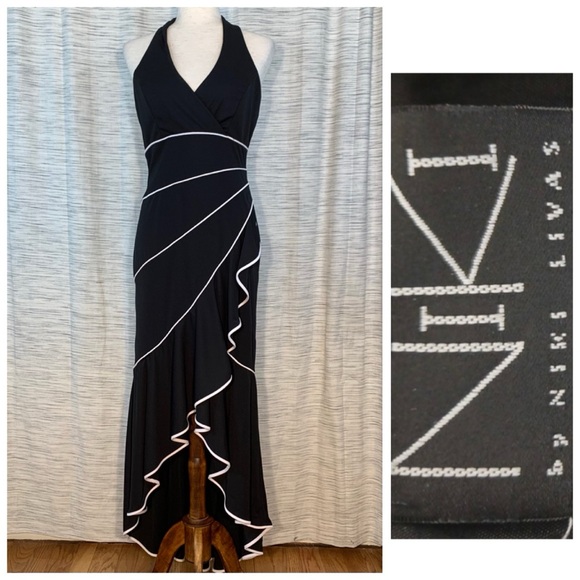 Niki by Niki Livas Black High-Low Halter Dress with White Trim. - Picture 1 of 16